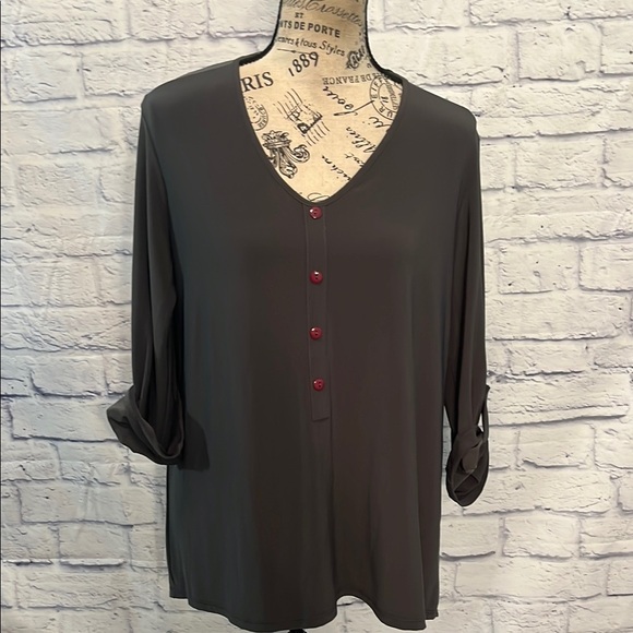 Clara Sun Woo Top High-Low Hem Faux Button Front 3/4 Roll-up Sleeves Size Large - Picture 1 of 8